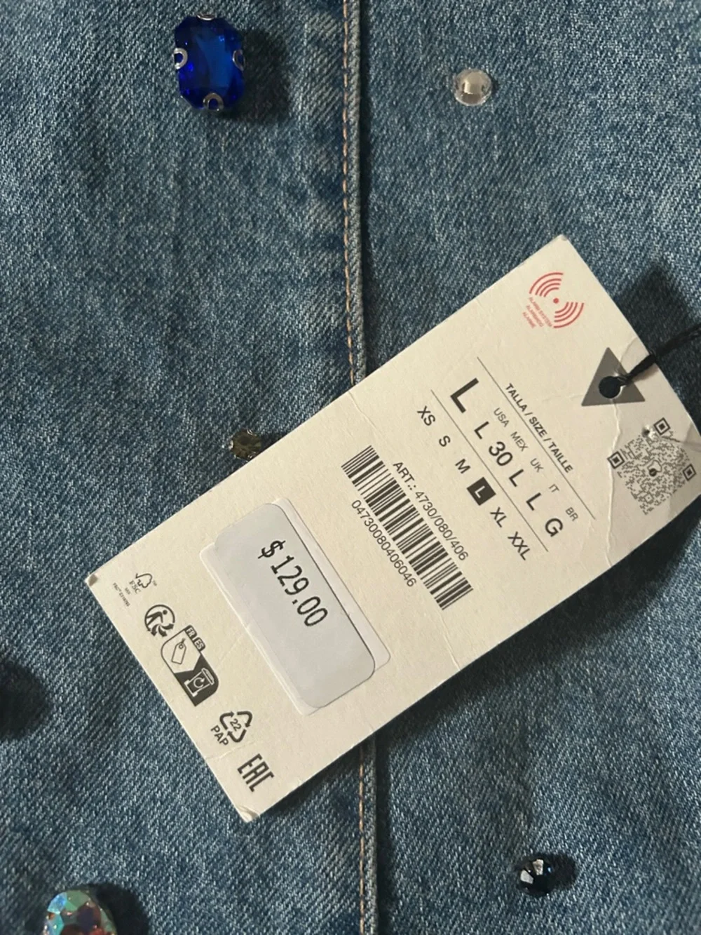 Zara Denim Mini Dress with Multicolor Gem Embellishments - Picture 3 of 5